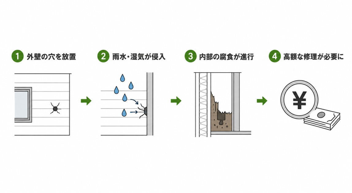 外壁の穴を放置した場合の悪化の流れの図解。穴の放置から雨水や湿気の侵入、内部の腐食進行、高額な修理が必要になるまでを4段階の矢印で示す。