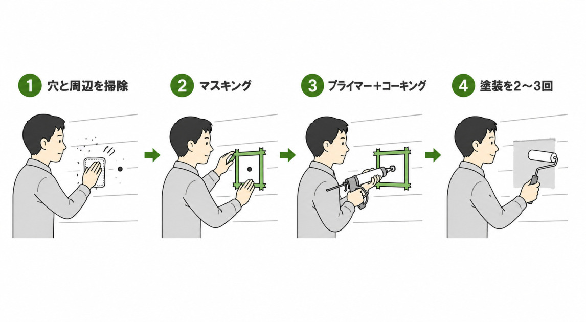 DIYで外壁の穴埋めをする手順の図解。穴と周辺の掃除、マスキング、プライマー塗布とコーキング、2〜3回の塗装までを4ステップで示す。