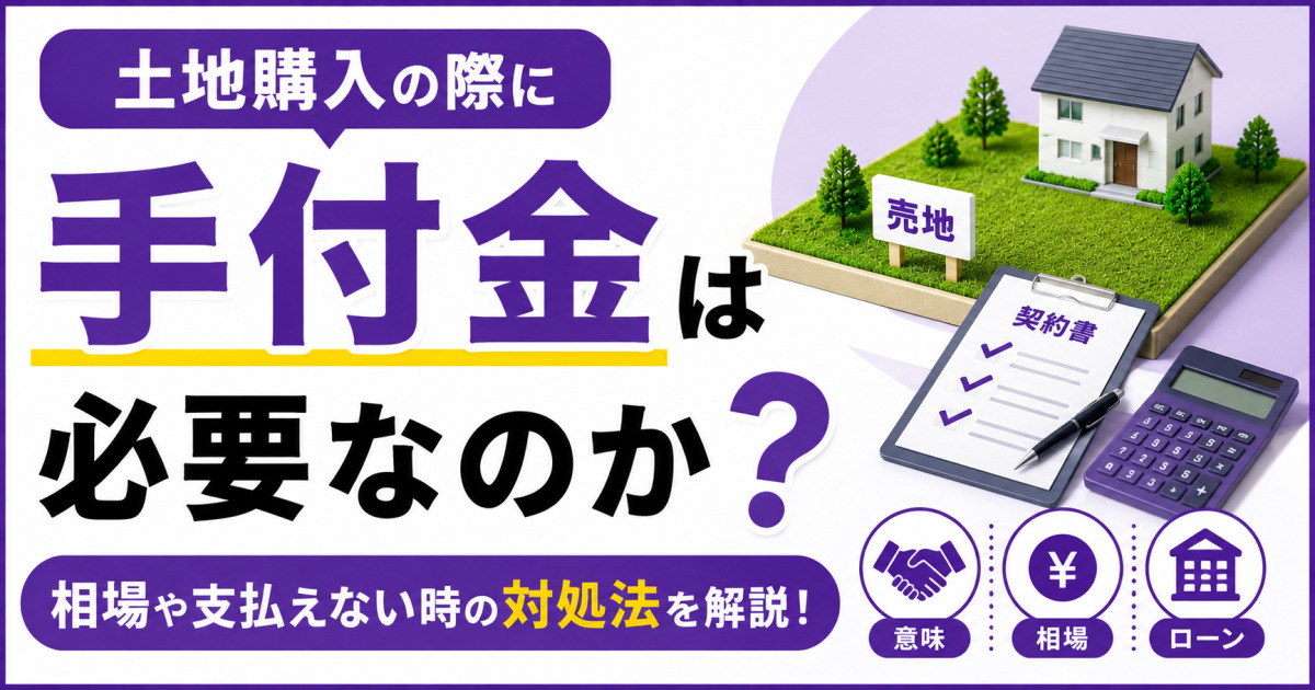 土地購入時に手付金が必要かを解説する3種類のサムネイル案。紫を基調に、土地や住宅、契約書、電卓を配置し、相場や支払えない場合の対処法を紹介