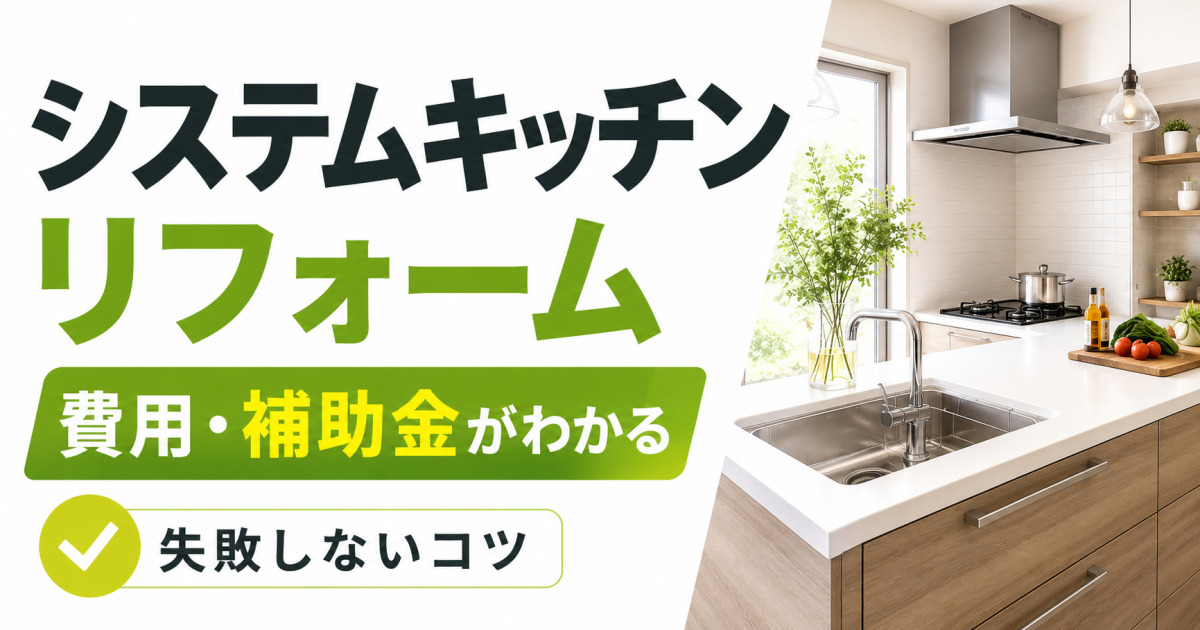 明るいシステムキッチンの写真と、リフォーム費用・補助金・失敗しないコツを紹介するサムネイル