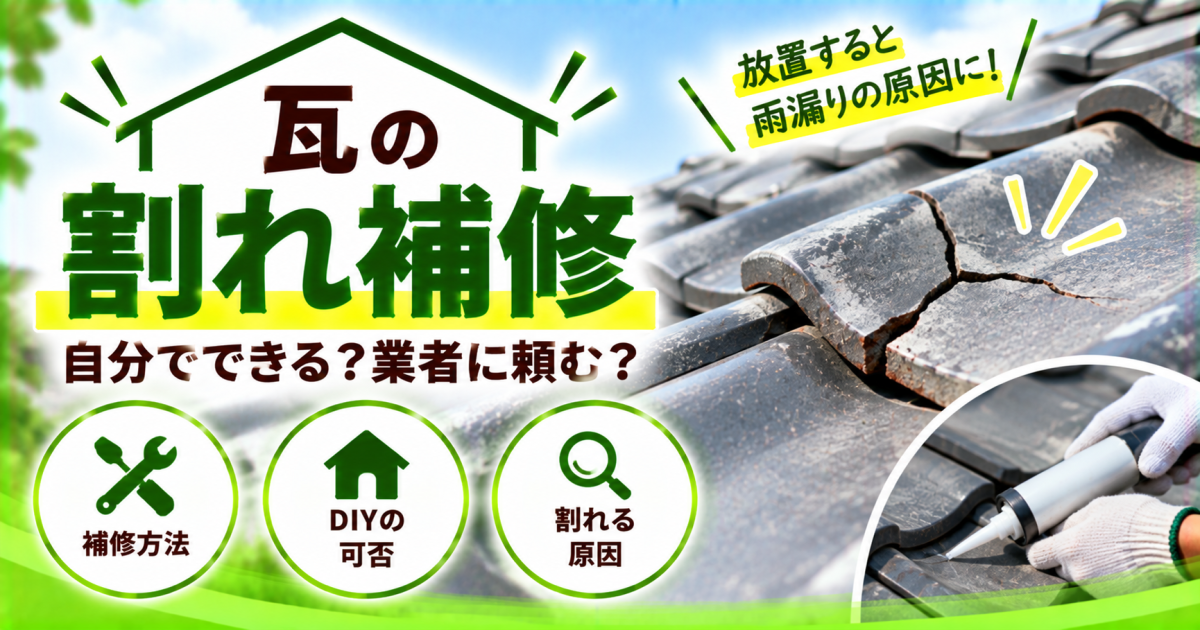 ひび割れた屋根瓦の補修について、補修方法やDIYの可否、瓦が割れる原因、放置による雨漏りリスクを解説するサムネイル画像