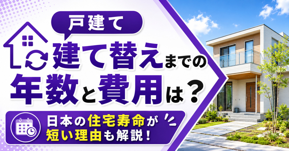 紫を基調に「戸建て 建て替えまでの年数と費用は？」と大きく表示し、右側に新築の戸建て住宅を配置した記事サムネイル。日本の住宅寿命が短い理由も解説する内容を示している。