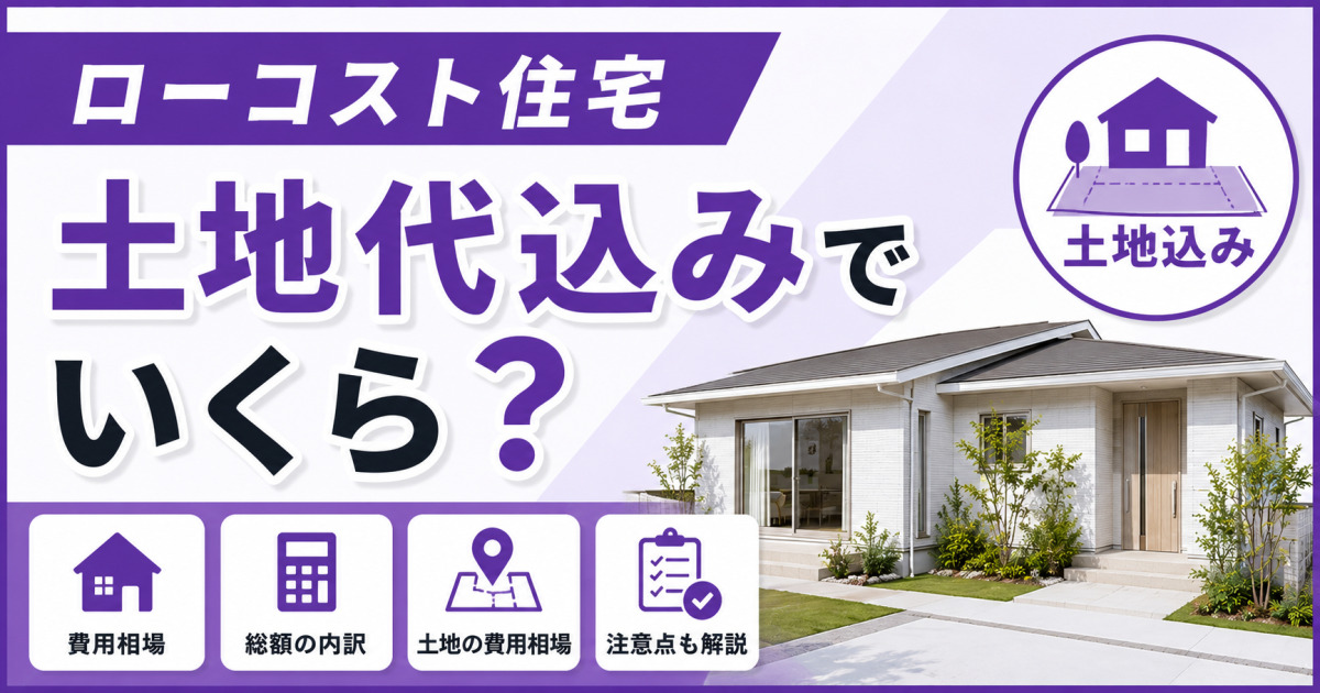 ローコスト住宅を土地代込みで建てる場合の費用相場や総額の内訳、土地費用、注意点を解説する紫基調のサムネイル画像。平屋住宅と費用・土地・チェックリストのアイコンを配置