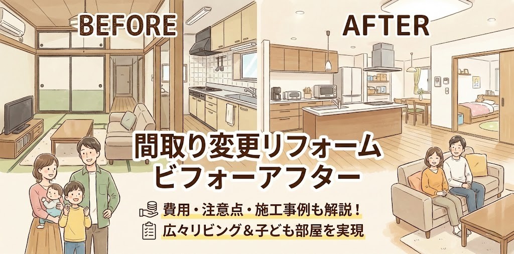 間取り変更リフォームのビフォーアフター比較イラスト。古い間取りから広々とした明るいリビングへリフォームし、家族が快適に過ごしている様子