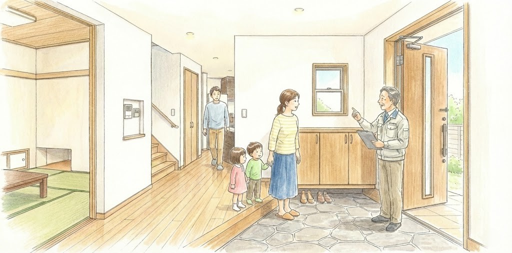 この家のアフターフォローに60代のベテランのリフォーム会社スタッフが訪問しているシーン