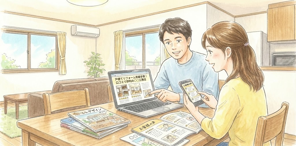 この男性が所属するリフォーム会社のホームページには戸建てのリフォーム実績や口コミが多数掲載されていて、それがきっかけで、このリフォーム会社に施工を依頼した。この夫婦がスマホやパソコンでこの会社のことを調べているシーン