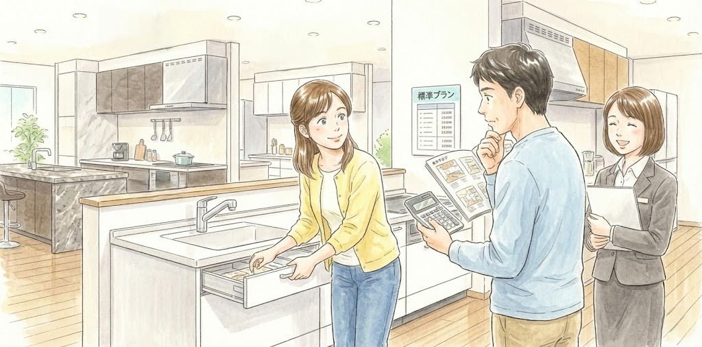 この夫婦が水回り設備を選ぶ際に、予算が上がりすぎないよう、標準的なグレードの商品を選んでいるシーンをイラスト