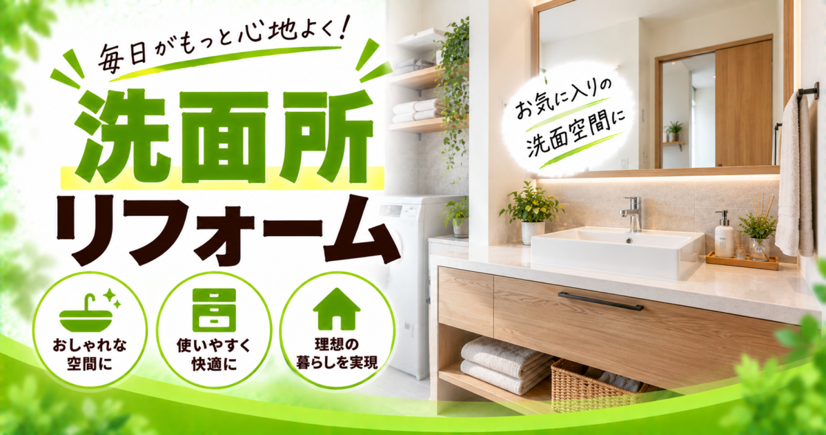 洗面所リフォームについて、おしゃれさ・使いやすさ・快適性を高めるポイントを紹介するサムネイル画像