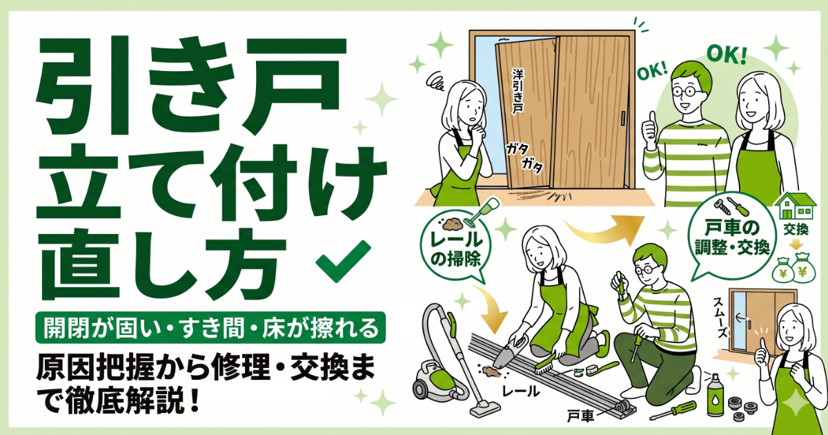 「引き戸の立て付け直し方」を解説する記事のアイキャッチ画像です。開閉が固い、すき間、床擦れなどの不具合に対し、原因把握からレールの掃除、戸車の調整・交換といった修理方法まで徹底解説。困る女性やDIYで修理する男女のイラスト付き。