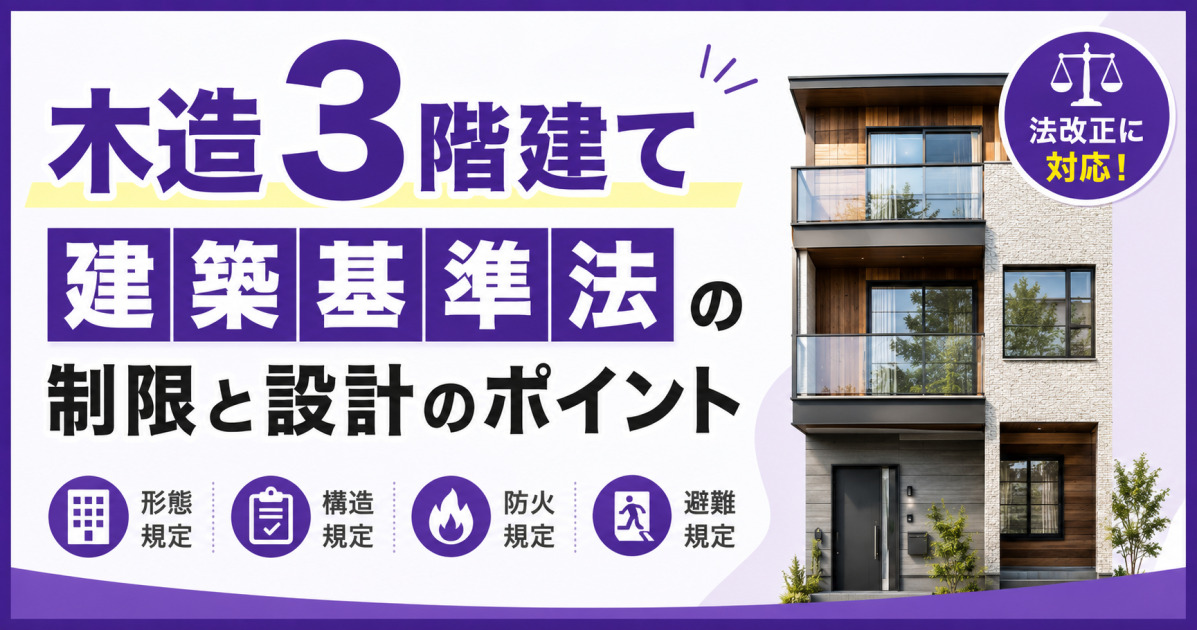 木造3階建て住宅に関する建築基準法の制限と設計のポイントを解説する、紫を基調としたサムネイル画像。3階建て住宅と、形態・構造・防火・避難規定のアイコンを配置