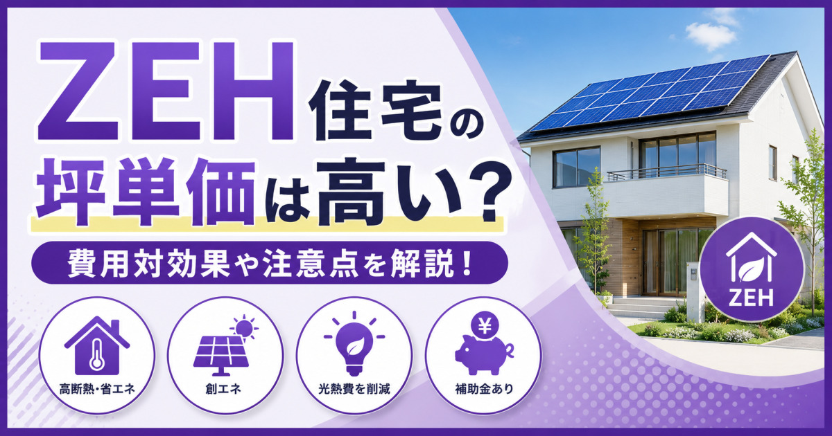 ZEH住宅の坪単価や費用対効果、注意点を解説する紫基調のサムネイル画像。太陽光パネル付き住宅と、高断熱・省エネ・創エネ・補助金・光熱費削減のアイコンを配置