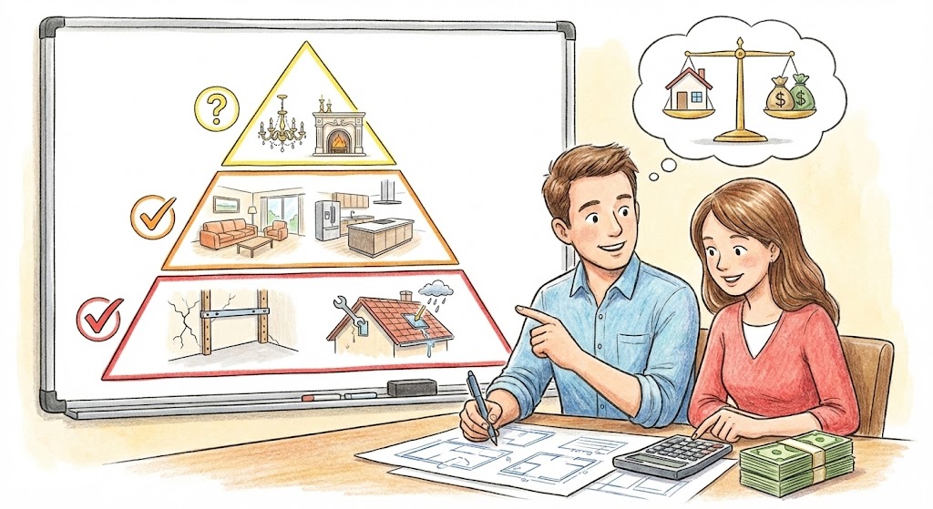 リノベーションの優先順位と予算のバランスを検討するカップルのイラスト。ホワイトボードには「絶対に必要な修繕（下段）」「できるだけ実現したい間取り（中段）」「できればやりたい設備（上段）」と3段階で優先度を示すピラミッド図が描かれ、二人が図面と電卓を見ながら天秤にかけて話し合っている様子