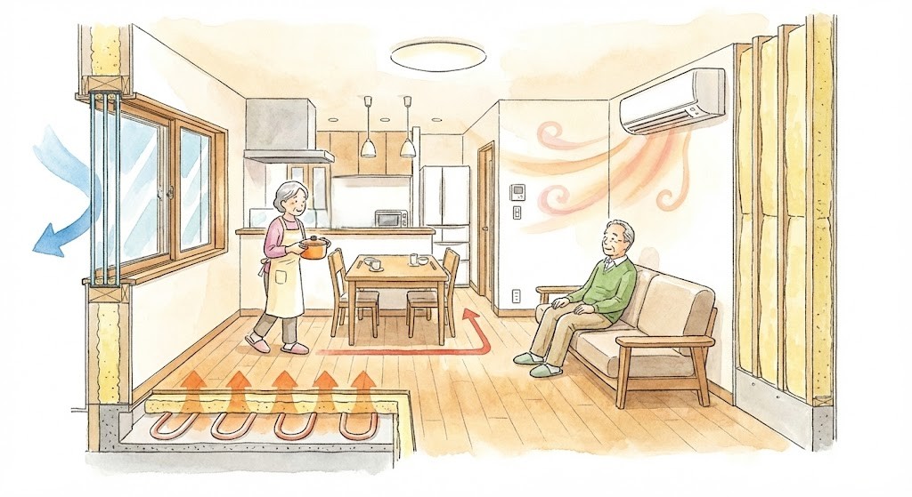 シニア夫婦が快適に過ごすリノベーション後のリビングイラスト。壁・床・窓の断面図で示された高い断熱性能と床暖房、エアコンによる効率的な空調、そしてキッチンからダイニングへの短い生活動線が赤い矢印で図解されている。
