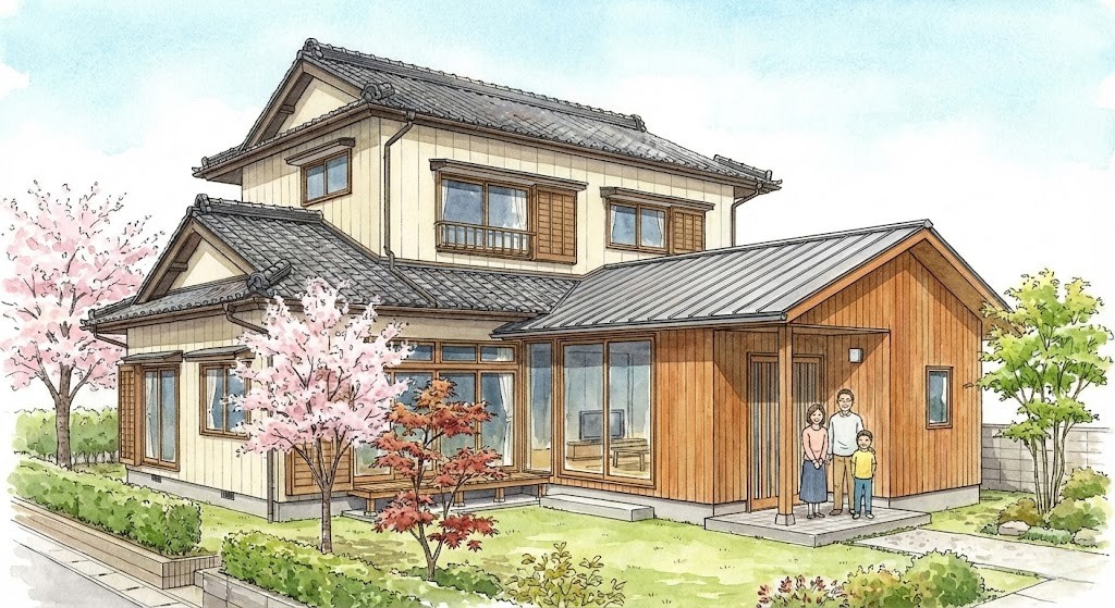 築30年の日本の戸建てを、増築リフォームした家の外観のイラスト