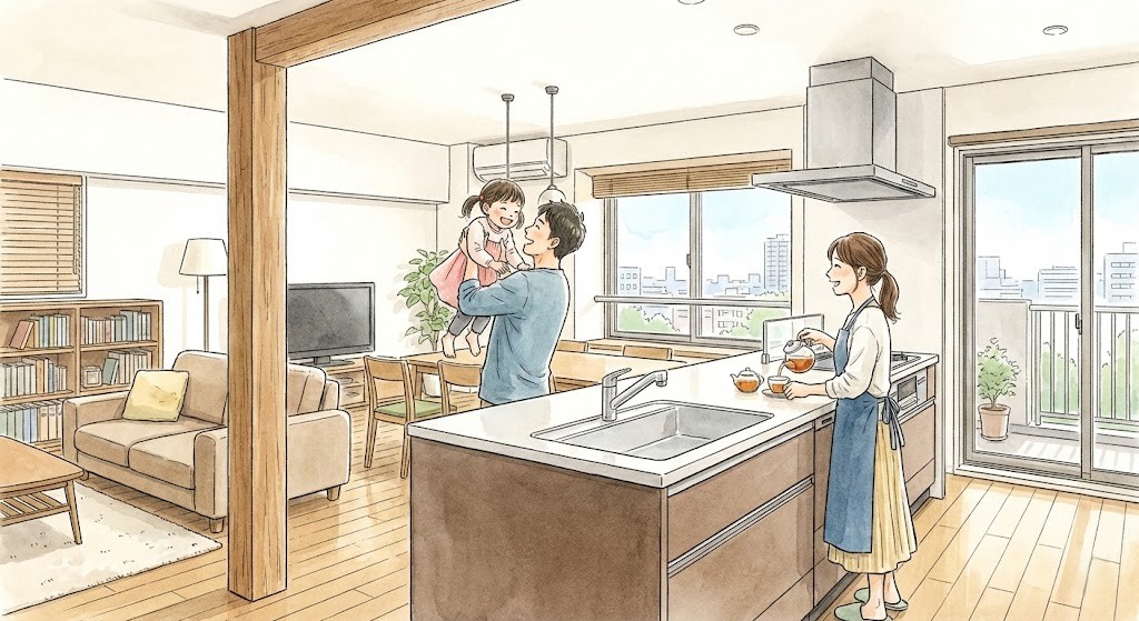 住んでいたマンションを間取変更リフォームをして、快適に過ごしている3人家族のイラスト