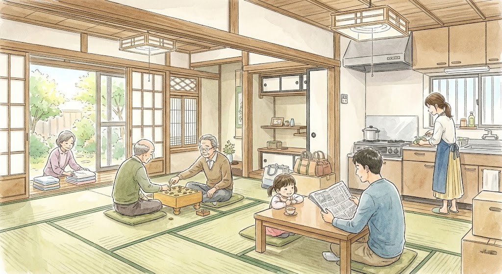 家族がリフォーム中はここに住めず、仮住まいとして近所にある奥さんの実家（戸建て）で、祖父夫婦と一緒に暮らしている様子