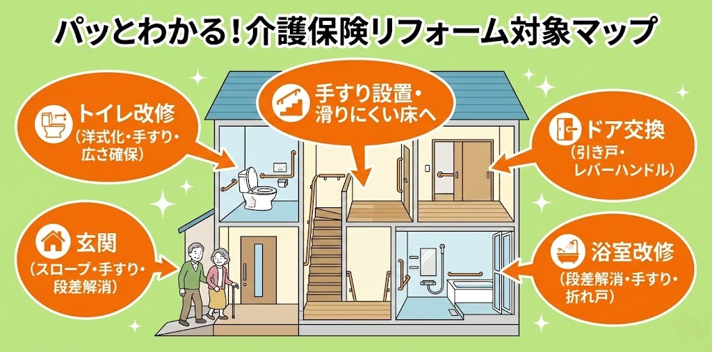 スマートフォンでの閲覧に適した縦型の図解イラスト。「スマホで解説！介護保険リフォーム対象マップ」というタイトルで、2階建て住宅の断面図を用いて介護保険の補助対象となる具体的な工事箇所を解説している。1階の玄関では高齢夫婦がスロープを利用するイラストと共に「スロープ・手すり・段差解消」、トイレでは「洋式化・手すり・広さ確保」、浴室では「段差解消・手すり・折れ戸」を紹介。2階の階段・廊下付近では「手すり設置・滑りにくい床へ