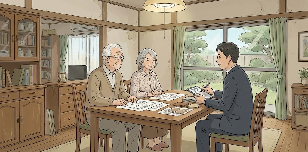 60代の夫婦が自身が住んでいる戸建てのリフォームを検討していて、リフォーム会社の営業マンと打合せをしている様子
