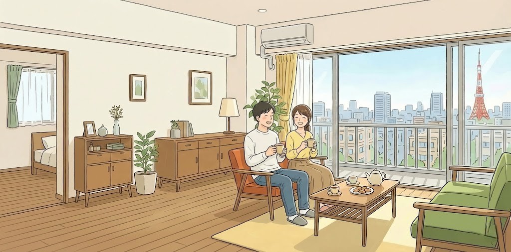 都内中古マンションのリビングで、リフォーム後の部屋でティータイムを楽しむ30代夫婦のイメージイラスト