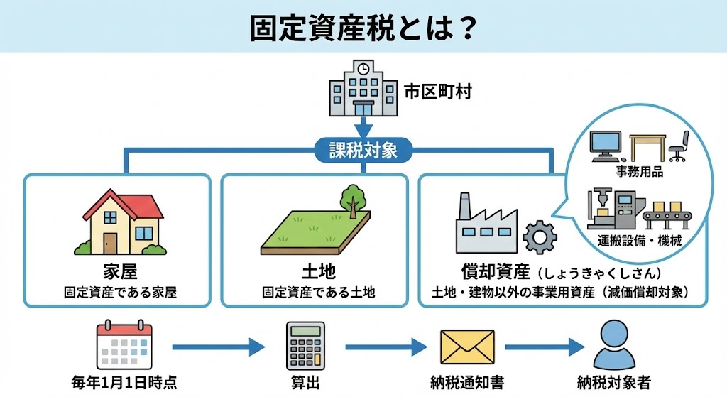 「固定資産税とは？」と題された図解。市区町村が課税する対象として、家屋、土地、および償却資産（土地・建物以外の事業用資産で、例として事務用品や運搬設備・機械など）の3つがイラストとテキストで示されている。図の下部には納税のプロセスが矢印で順に示されており、「毎年1月1日時点」を基準に税額を「算出」し、その後「納税通知書」が「納税対象者」に送付される流れが描かれている