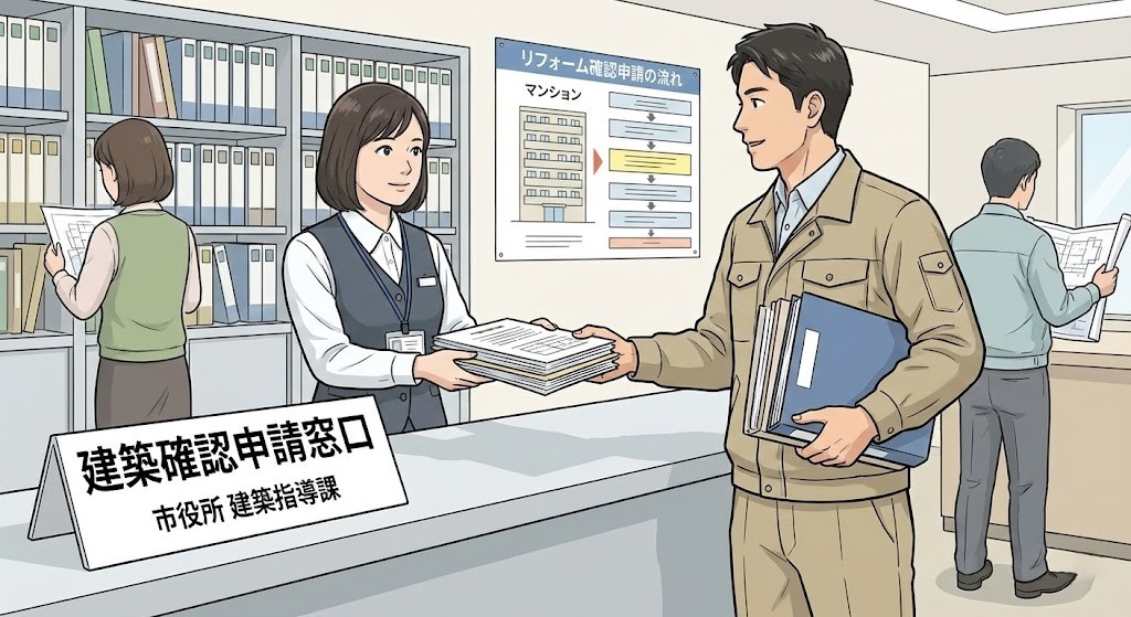 リフォーム工事において、リフォーム業者が役所に確認申請の書類を提出しているイラスト
