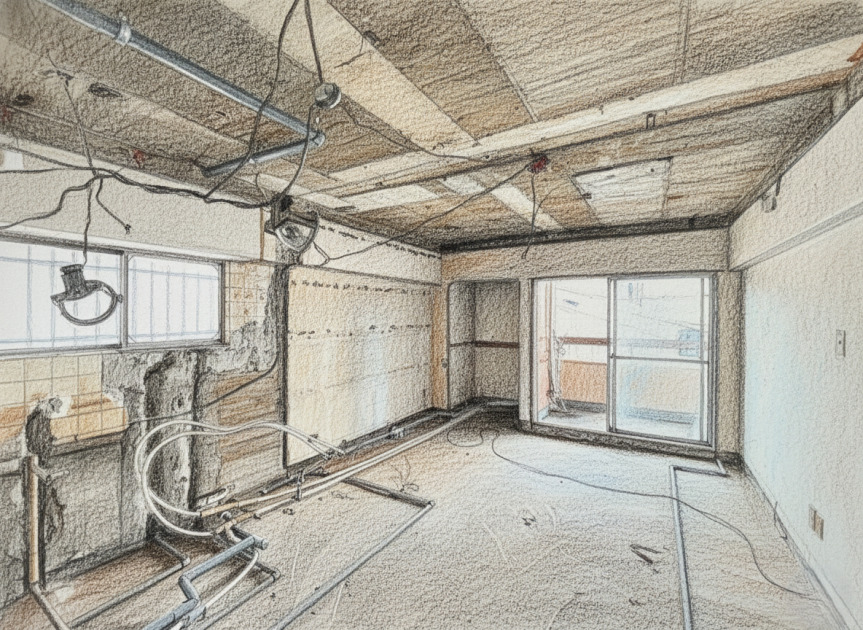 スケルトん状態のマンションのイラスト