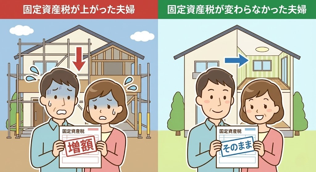 リフォームをしたことによって、固定資産税が上がった夫婦と、これまでと変わらなかった夫婦のイラスト
