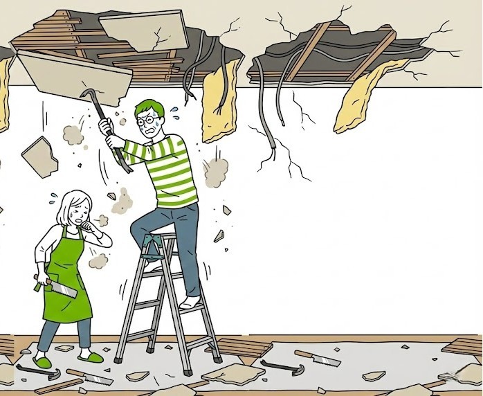 DIYで天井の解体に挑戦し、苦戦している夫婦の様子。男性が脚立の上でバールを使って天井板を剥がし、大量の埃が舞う中で、女性が口元を押さえてむせている。足元にはがれきが散乱している