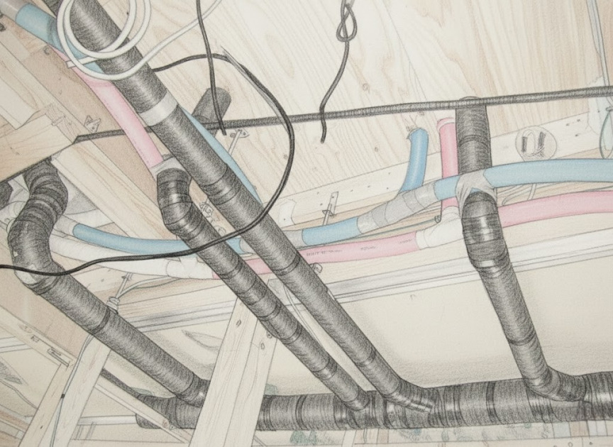 電気配線や配管が通っている天井上のイラスト