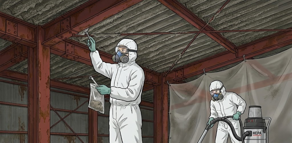 アスベストの材料が使われている天井の工事作業をする専門業者のイラスト