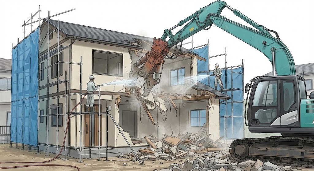 足場を組んだ住宅の解体工事と重機による散水作業