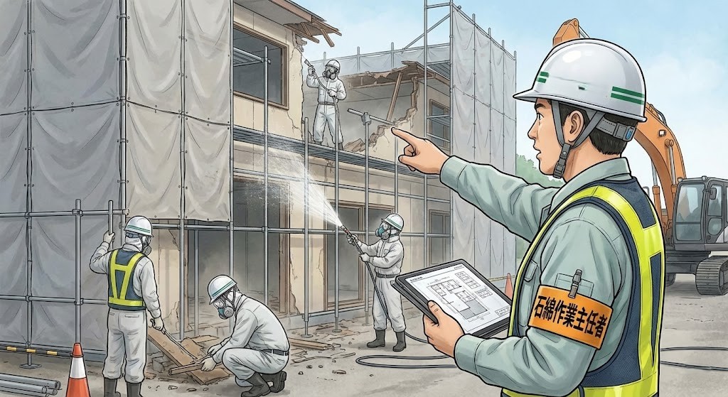 解体現場で作業の指揮をとる石綿作業主任者のイラスト
