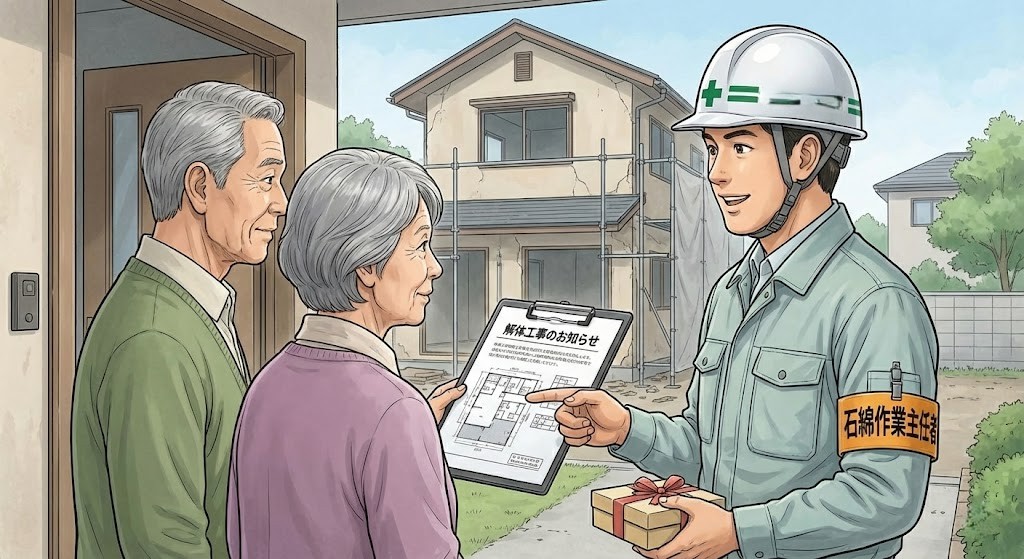 石綿作業主任者が解体工事開始前に近隣住民へ説明と挨拶を行っているイラスト