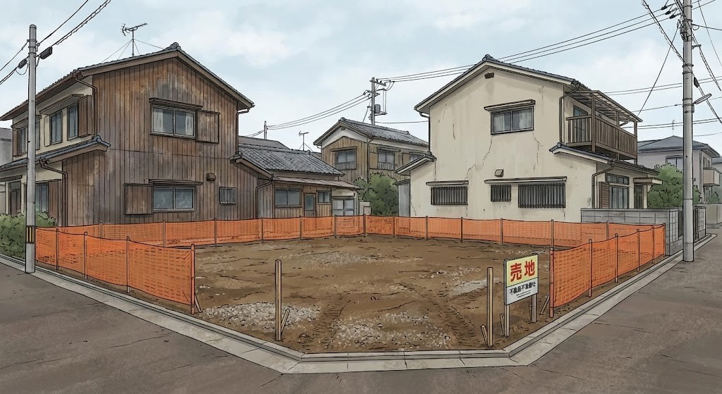 日本の地区40年の古い戸建てを取り壊して、更地になったイラスト