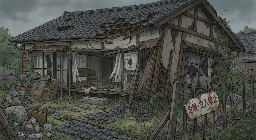 倒壊の恐れや衛生上の問題があると判断される日本の空き家をイラスト