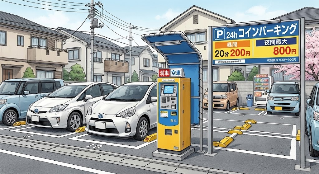 家屋の解体後、土地の有効活用及び税金対策として、コインパーキングを設営しているイラスト