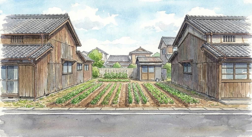 日本の戸建てを解体したあとの50坪の土地をその後、農地として利用しているイラスト