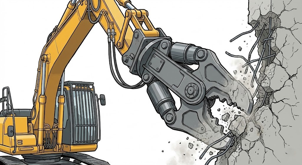 ショベルカーの先端に取り付けられたハサミ状の油圧式アタッチメント「圧砕機（クラッシャー）」が、鉄筋コンクリートの壁を強力に噛み砕いて解体している作業現場のイラスト。コンクリートが崩れ落ち、内部の鉄筋が露出し、粉塵が舞い上がっている様子がリアルに描かれている