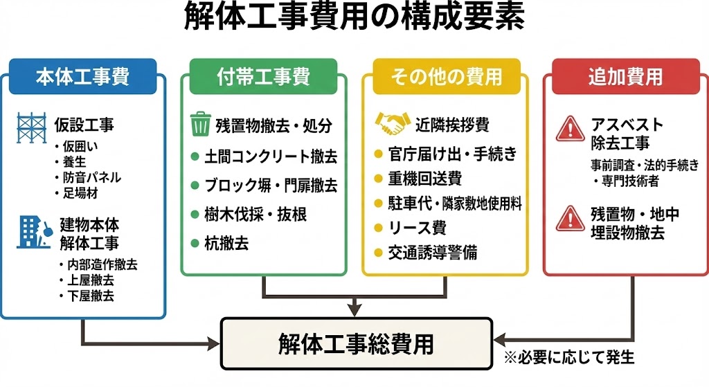 解体工事費用の構成要素を示す図解。「本体工事費」（仮設工事、建物本体解体工事）、「付帯工事費」（残置物撤去・処分など）、「その他の費用」（近隣挨拶費など）の3つが「解体工事総費用」を構成し、さらに「追加費用」（アスベスト除去工事など）が必要に応じて発生する構造がイラストとテキストで説明されている