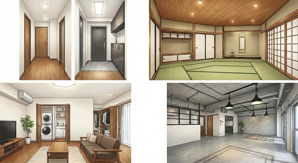 4分割されたリフォーム後の実例イラスト。左上は木目調の床とダークグレーのドア、収納棚を備えたモダンな玄関ホール。右上は畳、障子、床の間、美しい木製天井のある和室。左下はソファ、テレビ、扉付きの洗濯機置き場とクローゼットが見えるリビング。右下はコンクリート打ちっぱなしの天井、露出配管、ペンダントライトが特徴の広いインダストリアルな空間