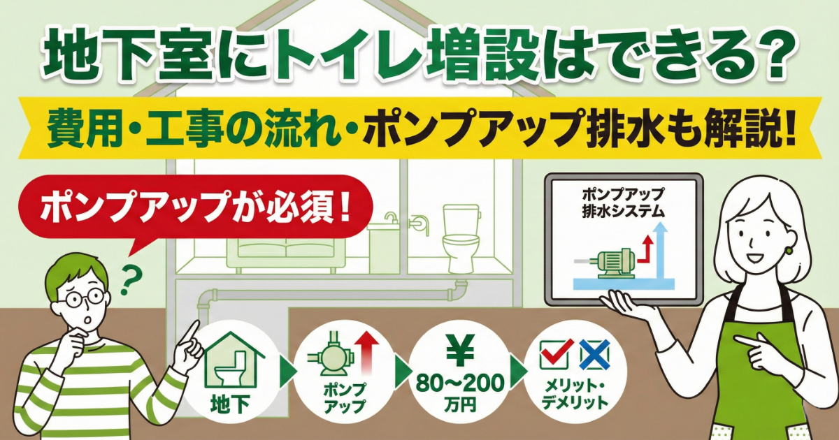 地下室へのトイレ増設の可否、費用、工事の流れ、そして不可欠な「ポンプアップ排水」の仕組みについて解説する記事のアイキャッチ画像。「地下室にトイレ増設はできる？」「費用・工事の流れ・ポンプアップ排水も解説！」というタイトルが上部にある。左側の男性は「ポンプアップが必須！」と驚き、右側の女性はポンプアップ排水システムの図解をタブレットで示している。下部には「地下」「ポンプアップ」「¥80〜200万円」「メリット・デメリット」のアイコンが矢印で繋がれ、増設のポイントと流れを視覚的に説明している。