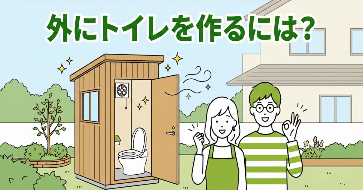 戸建て住宅の庭に設置された木製のトイレ小屋と、その手前で笑顔を見せる若い夫婦（緑のエプロンの女性とボーダー柄の男性）のイラスト。上部に「外にトイレを作るには？」のタイトル文字。