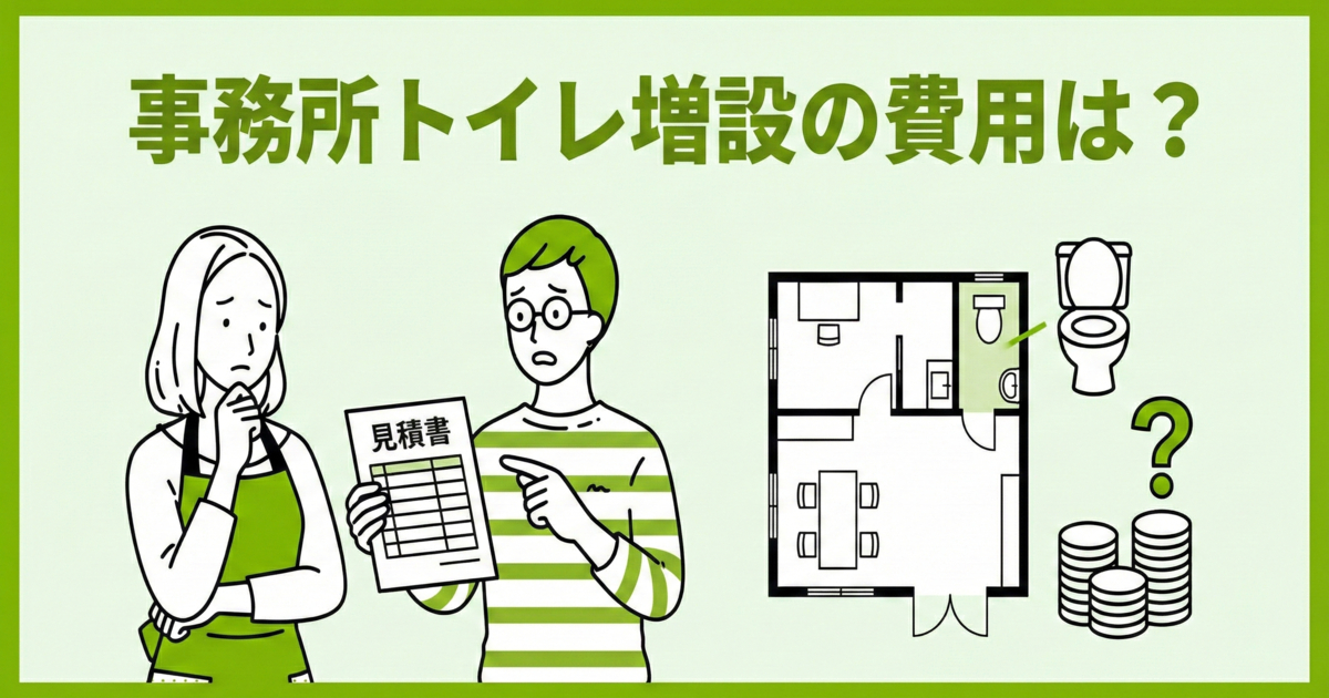 「事務所トイレ増設の費用は？」のタイトル文字。事務所の図面と見積書を手に持ち、増設にかかる費用や設置数などのルールについて悩んでいる夫婦のイラスト。