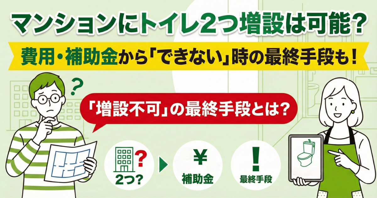 マンションでのトイレ2つ増設の可否、費用、補助金、そして増設できない場合の最終手段について解説する記事のアイキャッチ画像。「マンションにトイレ2つ増設は可能?」「費用・補助金から『できない』時の最終手段も!」というタイトルが上部にある。左側の男性は間取り図を見て困惑し、「『増設不可』の最終手段とは?」と疑問を投げかけている。右側の女性は「最終手段」と表示されたトイレのイラストがあるタブレットを指差している。下部には「マンション? 2つ?」「¥ 補助金」「! 最終手段」のアイコンが矢印で繋がれ、増設の検討から最終手段までの流れを示唆している。