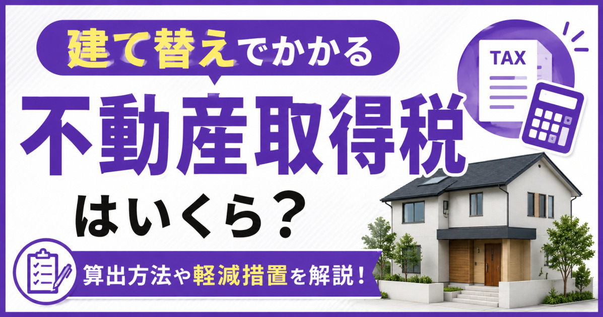 建て替えでかかる不動産取得税の仕組み・算出方法・軽減措置を解説する、紫を基調としたサムネイル画像。住宅、税金書類、電卓のアイコンを配置