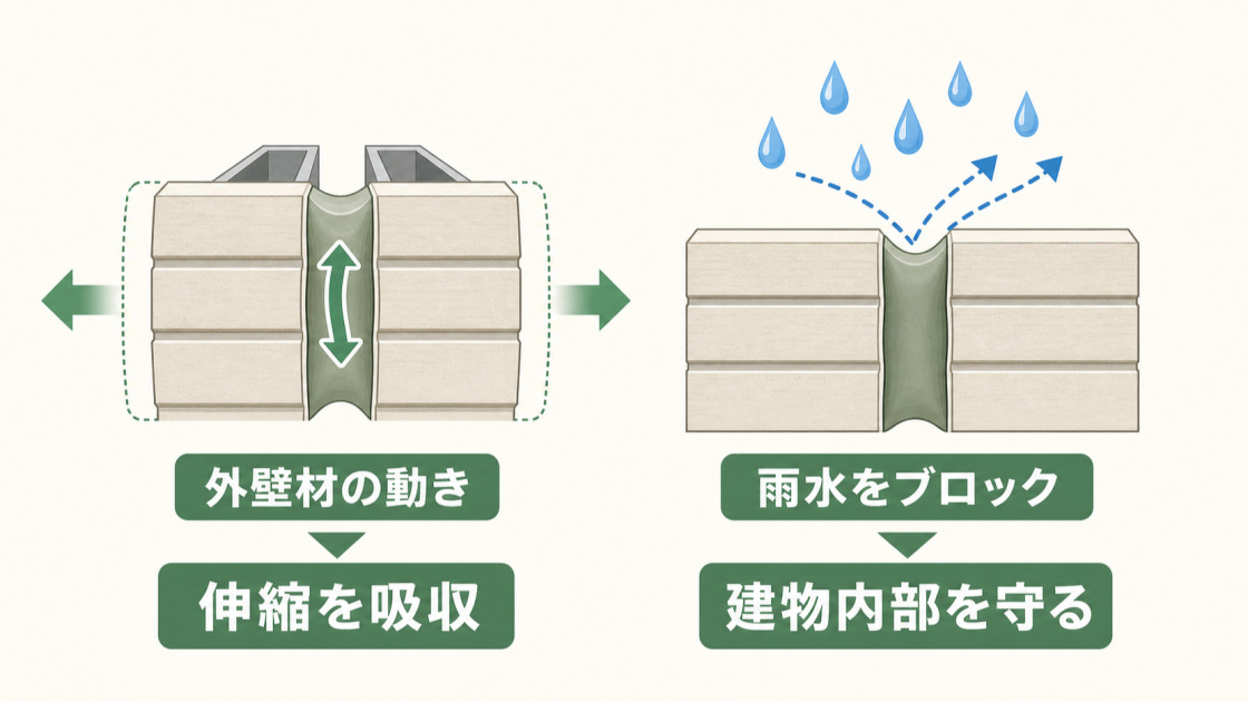 外壁コーキングが外壁材の動きを吸収し、雨水の侵入を防ぐ2つの役割を示した図解