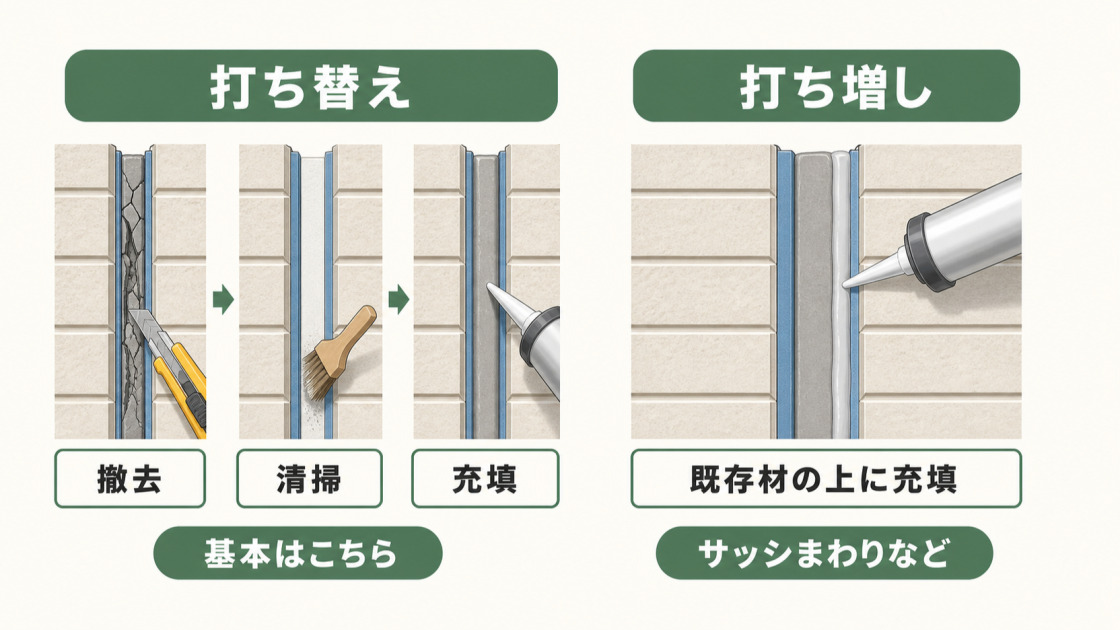 既存材を撤去して充填する打ち替えと、既存材の上に充填する打ち増しの違いを示した図解