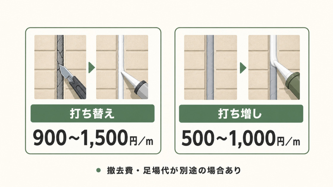 外壁コーキングの打ち替えは1mあたり900〜1,500円、打ち増しは500〜1,000円の費用相場を示した図解