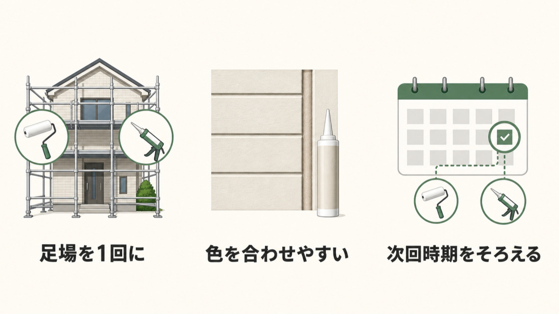 外壁塗装とコーキングを同時施工して足場を1回にし、色と次回の工事時期をそろえる利点を示した図解