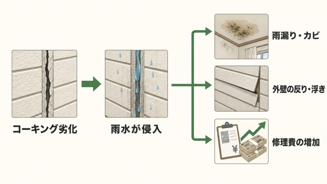 外壁コーキングの劣化から雨水が侵入し、雨漏りやカビ、外壁の反りや浮き、修理費増加につながる流れを示した図解